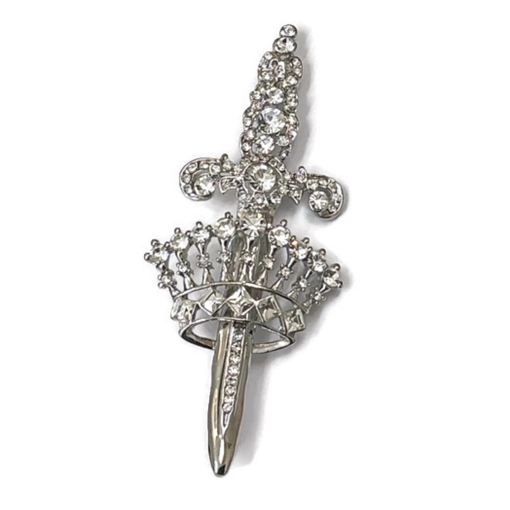 Silver Toned Sword and Crown Brooch with Clear Rhinestones